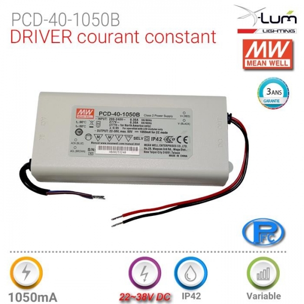 Driver 40W dimmable Meanwell PCD-40-1050B Triac