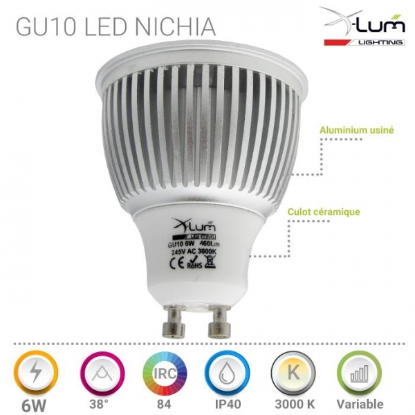 GU10 LED 6W chaud Nichia pro Dimmable