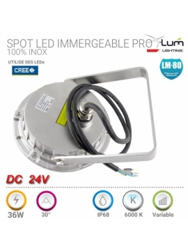 SPOT LED 36W RGB 3en1 24V DC 30° IP68 INOX 316 IMMERGEABLE Gar:2 ans