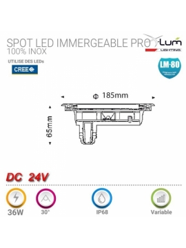 SPOT LED 36W RGB 3en1 24V DC 30° IP68 INOX 316 IMMERGEABLE Gar:2 ans