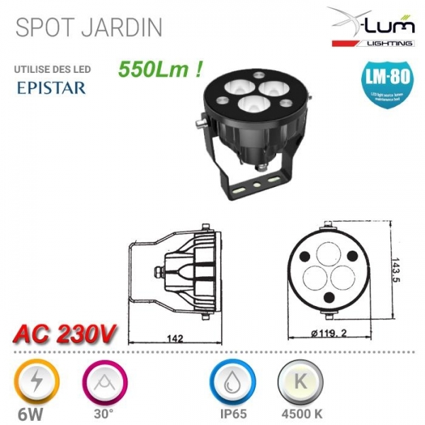 Spot LED jardin 230V neutre 6W