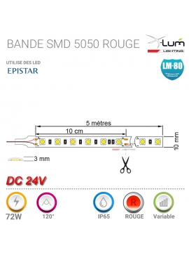 Ruban LED 20cm SMD5050 60LED/m Rouge DC12V IP65 étanche avec câble